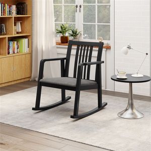 Poltrona da Interno in Legno Massello di Gomma con Capacità di Carico di 180 kg, Cuscino in Lino Nero, Sedia Relax - Product Image 6