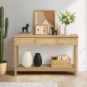 Consolle in Rattan Stile Boho con 3 Cassetti e Ripiano Aperto per Ingresso, Foyer o Corridoio - Product Image 4