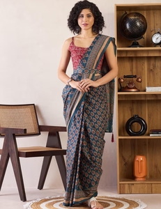 Sari de algodón azul verdoso estampado listo para usar para mujer KV con blusa sin coser - Product Image 3