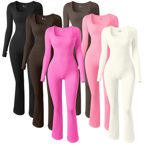 Mono de punto de manga larga con cuello cuadrado para mujer, de cintura alta, color liso, ajuste ceñido de longitud completa, control de abdomen y efecto moldeador. - Product Image 1