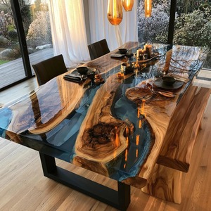 Table à manger en noyer et résine époxy faite à la main, meuble en bois à bord naturel - Product Image 1