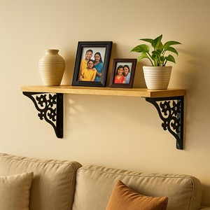 Pine Wood Industrial Wall <b>Shelf</b> <b>Black</b> Metal <b>Brackets</b> 48cm Wholesale Moradabad - Product Image 1