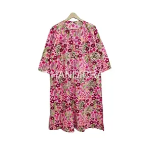 Pink Floral Printed Fit & Flared Women Summer Beach Dress 100% Cotton Long Sleeves Girl's Floral Midi Dress