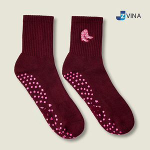 Chaussettes de Pilates JZVINA personnalisables avec logo, 100 % coton, couleur bordeaux, grip double direction, antidérapantes pour femme, yoga, barre, usage quotidien, design gratuit - Product Image 1