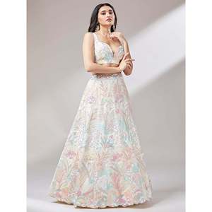 Excepcional Lehenga Choli de Lentejuelas Off-White con Dupatta, Ropa Zeel Semisellada, 2.5kg - Product Image 5