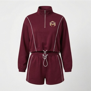Women's 2 Piece Fleece Sporty Set <b>Maroon</b> Embroidered Logo Stand Collar <b>Top</b> With Shorts Loose Fit All Seasons Wear - Product Image 1
