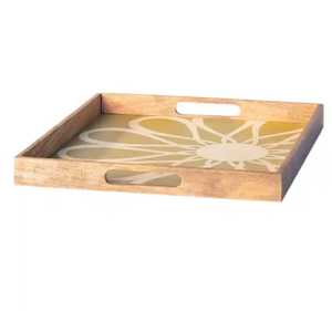 Plateau de service multifonctionnel en bois moderne, rectangulaire, vert olive, motif floral, finition laquée, passe au lave-vaisselle, plateaux de rangement - Product Image 2