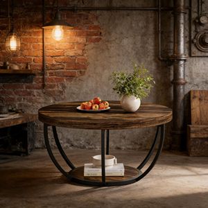 Table basse ronde en bois à 2 niveaux avec étagères, table centrale pour cocktails - Product Image 3