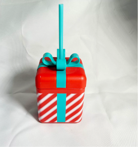 Botella de agua con caja de regalo a rayas rojas y pajita azul, vaso de plástico reutilizable para regalos. - Product Image 4