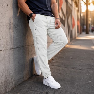 Pantalon cargo décontracté pour homme, taille élastique avec cordon de serrage, en coton mi-lourd, multi-poches, bas de survêtement - Product Image 3