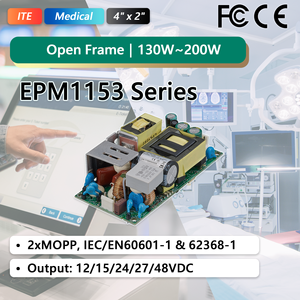 Alimentation industrielle à châssis ouvert EDAC POWER EPM1153J 27V 150W 200W 5.55A 7.4A Max IEC60601 2xMOPP 90-93% de rendement Refroidie par air - Product Image 1