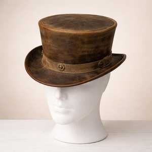 Premium Quality Custom Handmade Unisex Brown Leather Top <b>Hat</b> Vintage <b>Steampunk</b> Victorian Costume Gift <b>Hat</b> - Product Image 5