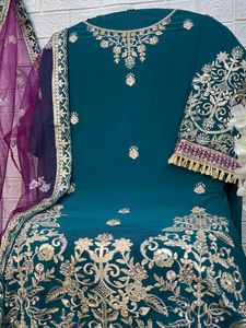 Foxjorger Elegant Casual Dress Ensemble Georgette Embroidered Rhinestone Sequin Diamonds Long Sleeved Santoon Patchwork Dupatta - Product Image 2