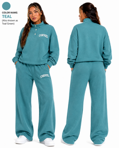 Ensemble de survêtement en molleton bouclette pour femme, pull à col boutonné, pantalon de survêtement fluide à jambe droite, haut à col demi-fermé, vente en gros - Product Image 4