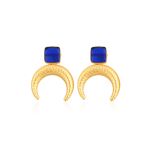 Pendientes de Latón con Forma de Media Luna y Piedra Preciosa Azul Tinta, Chapados en Oro, Joyería Hecha a Mano para Mujer, Lote al por Mayor de 10 Pares - Product Image 1