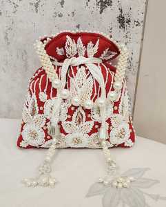 <b>Red</b> Pearl Embroidered Potli Bag Handmade Drawstring Mini <b>Purse</b> for Wedding Party Gift - Product Image 2