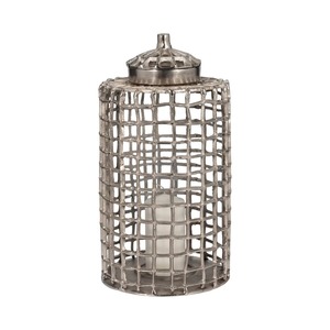 Midnight Muse Industrial <b>Metal</b> Tabletop Vase Handmade <b>Grid</b> Design Silver Finish - Product Image 5