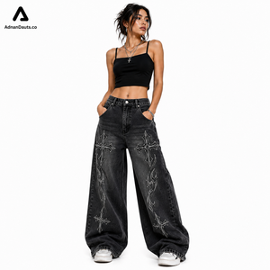 Custom <b>Embroidered</b> Wide Leg <b>Jeans</b> for Women | Vintage Y2K Baggy Denim Pants Wholesale Supplier - Product Image 3