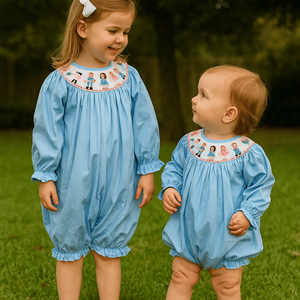 Vêtements pour enfants plissés, vêtements pour filles, combinaison pour bébé, tissu en coton bleu, manches longues, de 3 mois à 10 ans - Product Image 5