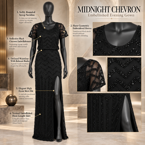 <b>Black</b> Chevron Embellished Evening Gown with Sheer Short Sleeves | <b>Floor</b> <b>Length</b> Formal Party <b>Dress</b> with Elegant High Front Slit - Product Image 5