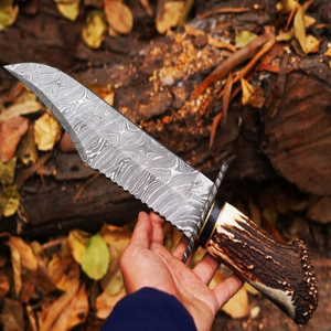 Silver Damascus Pattern Hunting Bowie Knife with Brown Antler Style Handle Fixed Blade <b>Outdoor</b> Camping Survival Knife with Metal - Product Image 6