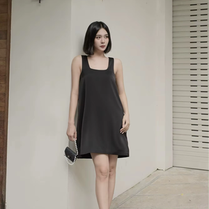 Square Neck Summer Mini Loose Waist Silk Blend 8% Spandex Buttons Breathable Side Slit Front Logo Casual <b>Dresses</b> - Product Image 1