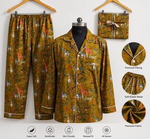 Pyjama long en soie crêpe imprimé animaux de la jungle jaune de qualité supérieure pour femme – Ensemble de nuit et de détente fait main, un chef-d'œuvre - Product Image 3
