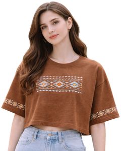 Camiseta Corta para Mujer Color Marrón Chocolate, Bordado Geométrico, Manga Corta, Informal, Mezcla de Algodón Suave, Top de Verano para Mujer, Venta al Por Mayor - Product Image 1
