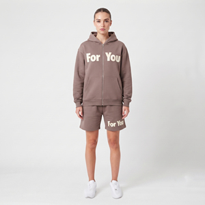Conjunto de Sudadera con Capucha y Estampado Puff para Mujer, Sudadera Casual con Cremallera, Manga Larga, Pantalones Cortos con Cintura Elástica, Conjunto de 2 Piezas - Product Image 1