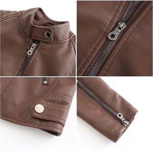 Chaqueta de Motociclista de Cuero PU Marrón para Mujer, Manga Larga, Cuello Alto, Cierre de Cremallera, Estilo Otoñal, Resistente al Viento - Product Image 5