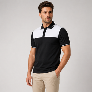Polo personnalisé pour homme, noir et blanc, à blocs de couleur, manches courtes, tissu piqué respirant, style décontracté, logo par transfert thermique, chemise pour homme - Product Image 2