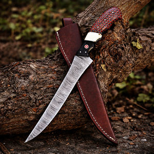 Cuchillo de filetear pescado de acero de Damasco hecho a mano, mango estilo nido de abeja de resina, diseño moderno, hoja de 8 pulgadas, ambidiestro, funda de cuero - Product Image 2