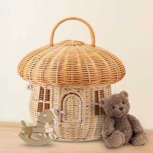 Handmade <b>Rattan</b> Mushroom Basket Woven Storage Organizer <b>with</b> <b>Lid</b> Handle for Kids Toy Nursery Bedroom Home Decor Gift Storage <b>Box</b> - Product Image 2