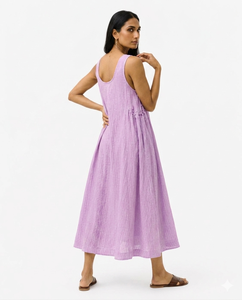 Vestido maxi de muselina a rayas con fruncido lateral Lila - Product Image 3