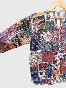Veste ouverte matelassée patchwork bohème grande taille pour femme, en coton, col en V, décontractée, avec poches - Product Image 4