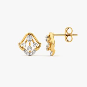 Boucles d'oreilles clous en or jaune avec diamant de laboratoire, motif floral ajouré en forme de cloche - Product Image 5