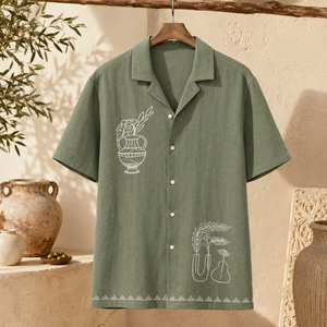 Premium Men's Olive Green Cotton Embroidered <b>Shirt</b> <b>Half</b> Sleeve Casual Camp Collar <b>Shirt</b> with White Botanical Art - Product Image 4