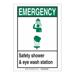 Panneau de signalisation d'urgence haute visibilité Brady pour douche de sécurité et station de lavage des yeux, 7 x 5 pouces, usage industriel - Product Image 1