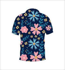 เสื้อโปโลลายดอกไม้เขตร้อนสีกรมท่าแบบกำหนดเอง ระบายอากาศได้ดี น้ำหนักเบา เหมาะสำหรับทีมกอล์ฟ แขนสั้น ผลิตด้วยเทคนิคการระเหิดสี - Product Image 3