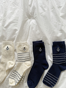 Calcetines de Tobillo para Mujer, Color Azul Marino y Blanco, con Bordado de Ancla, Rayas, Algodón Transpirable, para Uso Diario, Estilo Regular, Temporada de Primavera - Product Image 5