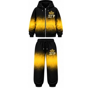 ชุดวอร์มโอเวอร์ไซส์แบบย้อมสีไทได สำหรับผู้หญิง ยี่ห้อ Sigma Gamma Rho สีดำทอง พร้อมฮู้ดลายตัวอักษรกรีก ชุดจ็อกเกอร์ลำลองสำหรับชมรมนักศึกษา - Product Image 1