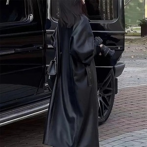 Manteau long en cuir PU pour femme, coupe-vent, col rabattu, coupe ample, noir uni, simple boutonnage, idéal pour l'automne - Product Image 6