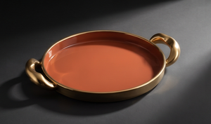 Plateau de service rond en émail, orange brûlé avec finition dorée, en métal, pour table basse, hôtel, restaurant, usage alimentaire, vente en gros - Product Image 5