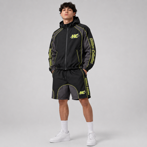 Hc Collection Unisex Hooded <b>Windbreaker</b> Jacket Matching Shorts Set <b>Black</b> Yellow Polyester Sporty Quick Dry Spring Wear - Product Image 1
