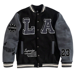 Blouson universitaire vintage pour homme, col montant, boutons sur le devant, lettres brodées, noir et gris, style bomber - Product Image 1