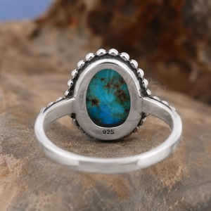 HMR GEMS JEWELS 925 Sterling Silver Natural <b>Turquoise</b> Beaded Border Handmade Oval <b>Turquoise</b> Cabochon Minimalist Christian <b>Ring</b> - Product Image 3