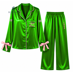 Alpha | Kapa | Alpha Women's Satin Pajama Set Long Sleeve Button-Up Embroidered Two Piece Sleepwear <b>Green</b> With Pink Trim - Product Image 1
