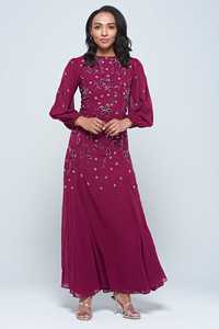 Robe de soirée longue en mousseline de soie bordeaux perlée, coupe trapèze, col rond, manches bouffantes, anti-plis, élégante - Product Image 3