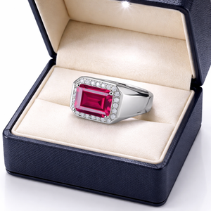 Men's Ruby and White Zircon <b>Emerald</b> Cut Prong Setting Minimalist Signet <b>Ring</b> 925 Sterling <b>Silver</b> Geometric - Product Image 1
