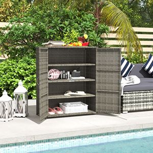 Armadio da Esterno in Rattan Grigio Misto con 4 Ripiani e 2 Ante per Conservazione Asciugamani da Giardino e Piscina - Product Image 2